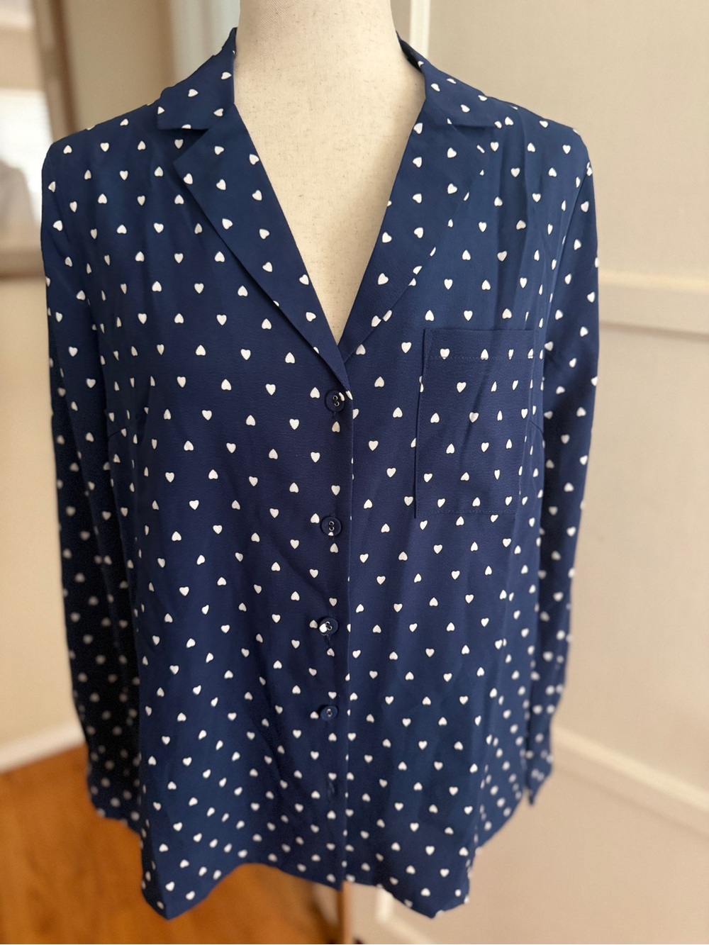 Allegra K Navy Heart-Print Button Down Shirt